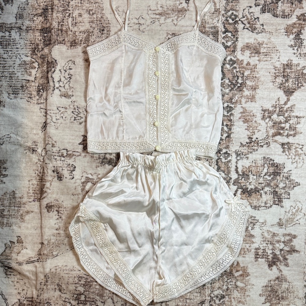 Elegant Satin White Lace Trim Sleepwear Set